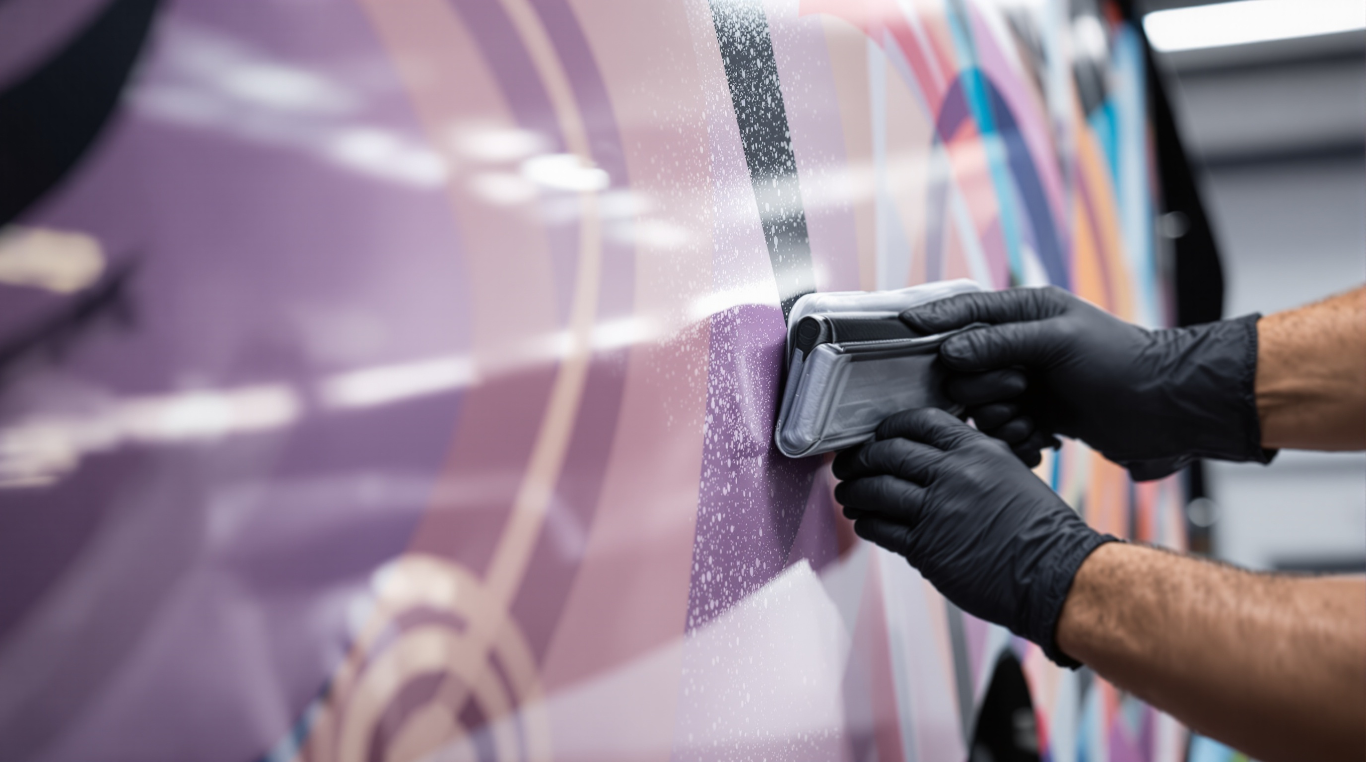 Instalador aplicando vinilo Avery sobre panel curvo de un food truck — close up de las manos con guantes negros usando squeegee profesional